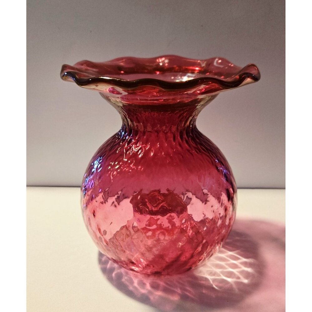 Vintage ROSSI optic Cranberry Art Glass Vase ruffled rim